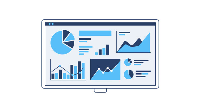 A computer monitor displaying various business charts and graphs in a vector graphic design