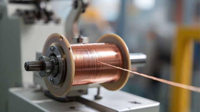 Copper Wire Spooling on Industrial Machine, Manufacturing Process in Factory, Close-up of Metal Coil, Precision Engineering Detail