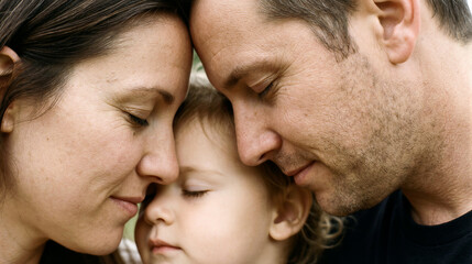 Obraz premium A tender moment of a young mother and father gently touching foreheads with their small child, showing love, unity, and emotional connection in a serene home setting. Generative AI.