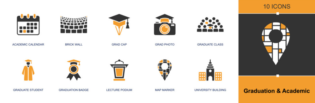 Graduation and academic icon set. Containing calendar, brick wall, grad cap, grad photo, graduate class, student, badge, podium, university building and more. Solid fill vector icons.