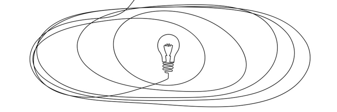 Continuous one line chaos problem scribble simple art icon knot. Chaos problem line complex brain solution tangle messy doodle drawing maze simplify lightbulb understand calm sketch background mess