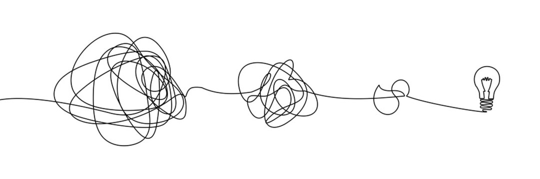 Continuous one line chaos problem scribble simple art icon knot. Chaos problem line complex brain solution tangle messy doodle drawing maze simplify lightbulb understand calm sketch background mess