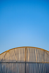 Fototapeta premium Vertical portrait orientation capturing an isolated arched greenhouse roof sitting very low in the frame leaving a massive expanse of clear bright blue sky above it