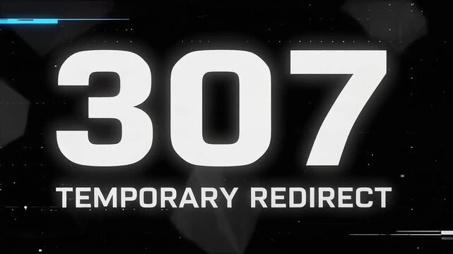 Glitch cyber display presenting 307 Temporary Redirect HTTP status code message with distorted neon digital network interface background