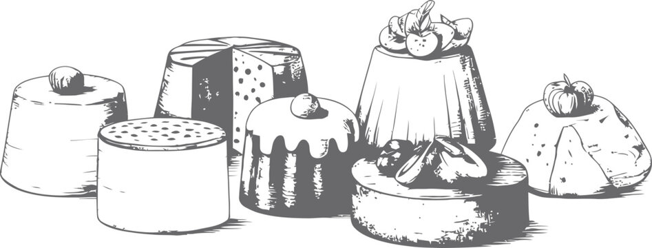 Set of various dessert puddings on transparent background hand drawn illustration sketch engraving.