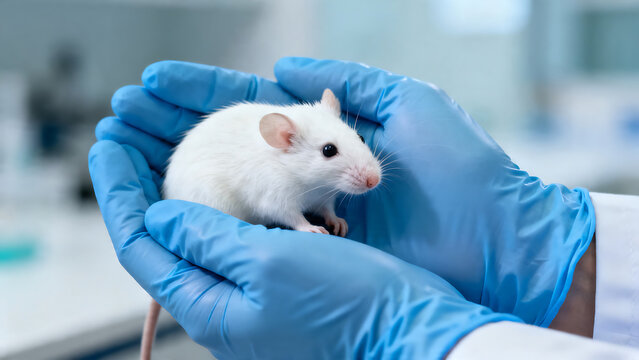 Laboratory white mouse held in gloved hands, scientific research animal in medical lab, albino rat for pharmaceutical testing and biotechnology experiments isolated on White Background