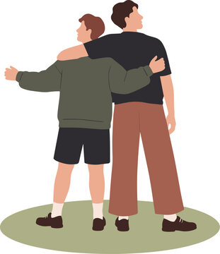 Two men standing back to back with one arm around the other on a green circular base friendship partnership