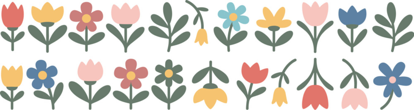 Two Rows of Stylized, Colorful Floral Illustrations with Green Leaves flowers tulips