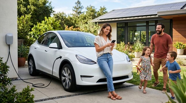 Smiling family standing near charging electric car with solar panels on modern home roof