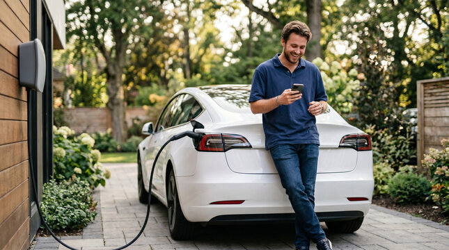 Handsome young man checking his mobile phone while his electric car charges in the home driveway