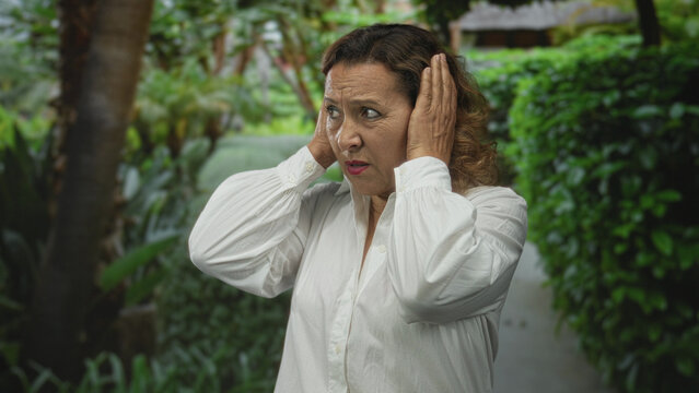 Woman covers her ears with both hands in a lush green outdoor park pathway surrounded by dense foliage; noise discomfort annoyance.