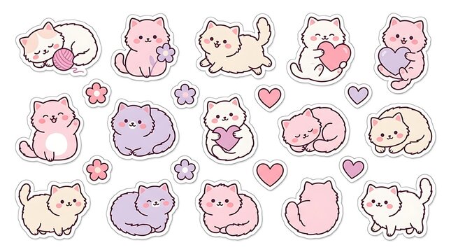 Set of cute kawaii cat stickers with hearts and flowers in pastel pink and purple colors for digital planners and scrapbooking