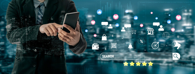 Fototapeta premium Business Professional Using Smartphone with Digital Icons and Cityscape Background for Modern Communication and Technology Concept Quark.