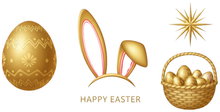 Golden Easter egg png Decorated bunny ears cutout Festive egg basket png Shiny star element cutout Luxury golden egg png Premium rabbit ears cutout Elegant isolated transparent background image