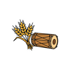 A traditional Indian drum and a bundle of golden wheat grains on a white background © Ehtsham