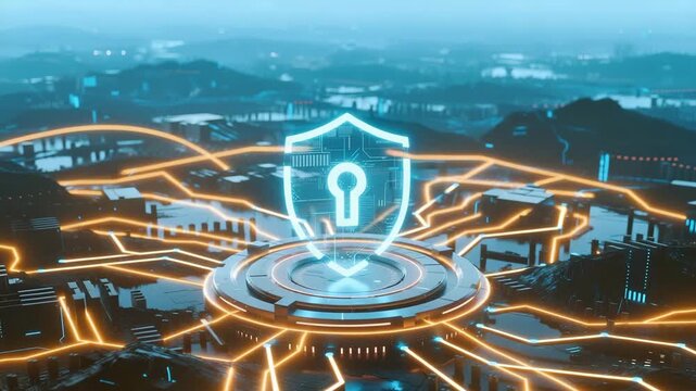 Cybersecurity shield with key over futuristic circuit city, network protection technology, data safety, cybersecurity concept, New Year