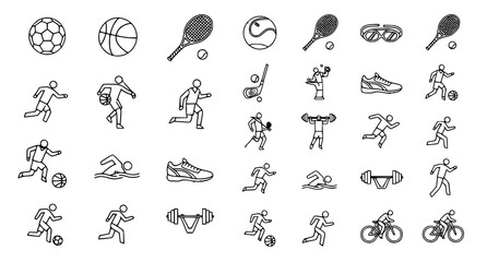 Fototapeta premium Set of black linear sports icons featuring balls and athletic activities for fitness and active lifestyle mobile application design and sports website navigation elements