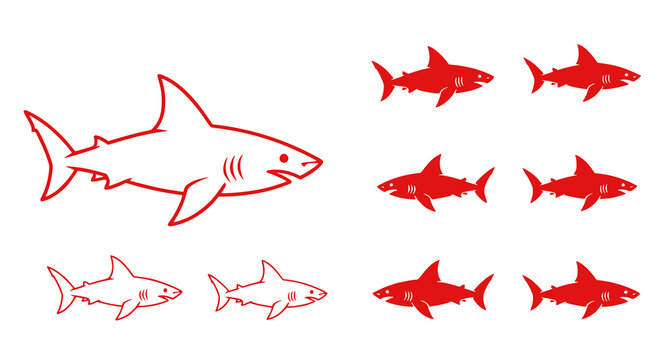 Collection of red shark icons in flat and outline styles for marine themed graphic design and aquatic branding on a white background