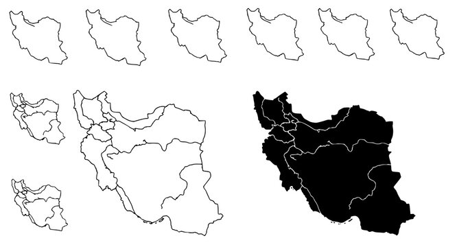 Multiple Iran map icons with provincial boundaries in both outline and solid black silhouette formats for professional cartographic and educational geographic design projects