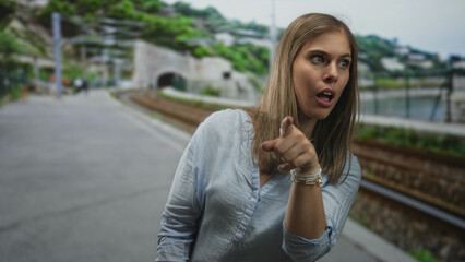 Fototapeta premium Woman with hands to face and pointing finger on street near railway tracks, open mouth gesture and raised palms; surprise doubt and questioning.