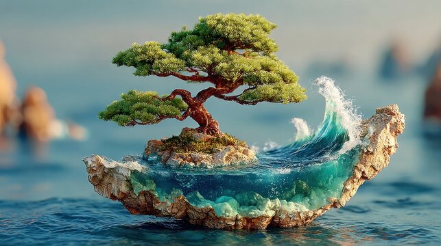 Digital bonsai tree with wind and water animation effects