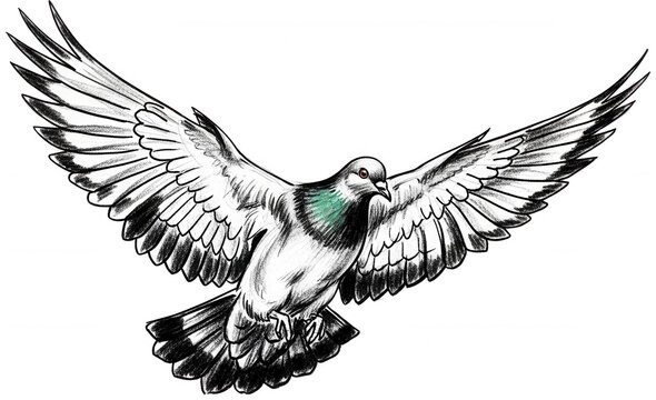 Flying Pigeon png Sketch Dove cutout Detailed Bird png Soaring Pigeon cutout Tattoo Illustration png Vintage Drawing cutout Spreading Wings png Peace Symbol isolated transparent background image