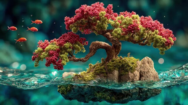 Digital bonsai tree with wind and water animation effects