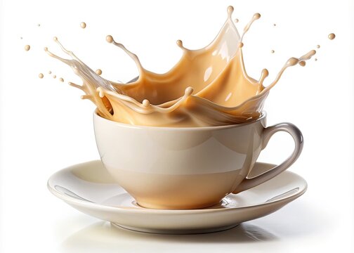 Splash of creamy milk tea overflowing white ceramic cup on saucer