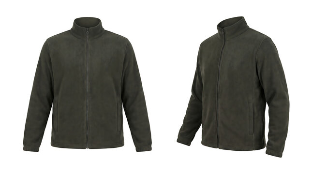 Isolated front and side views of a dark green fleece jacket on a white background. Commercial product photography for outdoor apparel catalogs, retail websites, and winter fashion mockups.