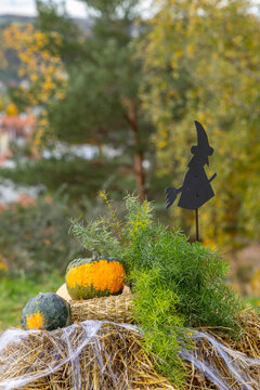Halloween decoration with witch silhoutte, pumpkins, hay bale