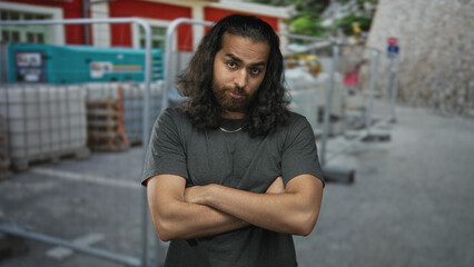 Fototapeta premium Young arab hispanic man with forearm visible and arms crossed at outdoor construction site near pallets and barriers; confidence grit.