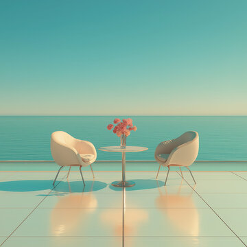 minimalist surreal seaside scene, two modern chairs and round table with flowers on the table, glossy reflective tiled floor, bright turquoise ocean, clear sky