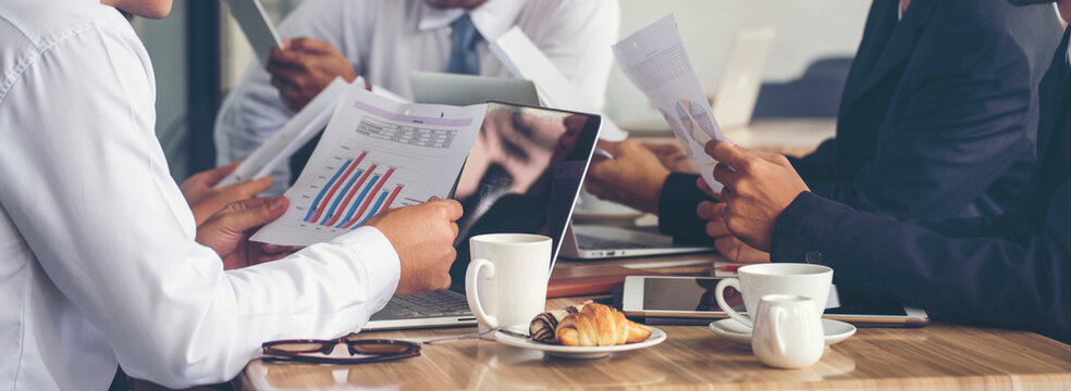 Banner business person meeting Diversity multiethnic team group of business people Present meeting conference room brainstorm. Teamwork collaborate private equity trust partner copy space
