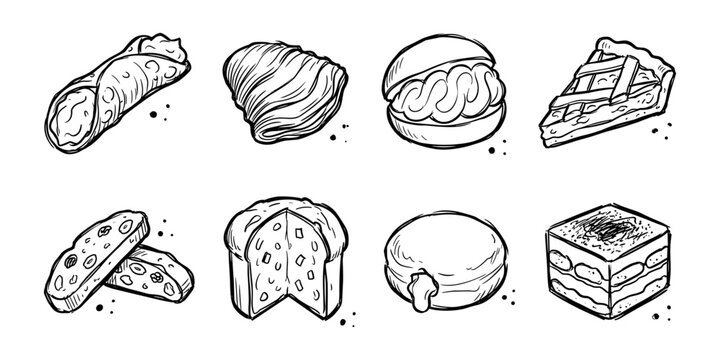Bakery dessert and pastry sketch set. Sweet baked goods collection for patisserie, breakfast, snack, and gourmet dessert themes, vector illustration.