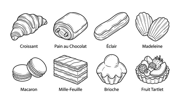 French pastry and dessert icon set. Cafe branding, patisserie menu, food packaging, culinary education, and gourmet dessert collection, vector illustration.