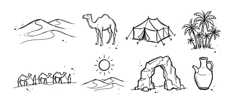 Desert travel and Arabian safari sketch set with camel, dunes, oasis, tent camp, caravan, and nomadic culture for tourism, adventure, history, and destination branding, vector illustration.