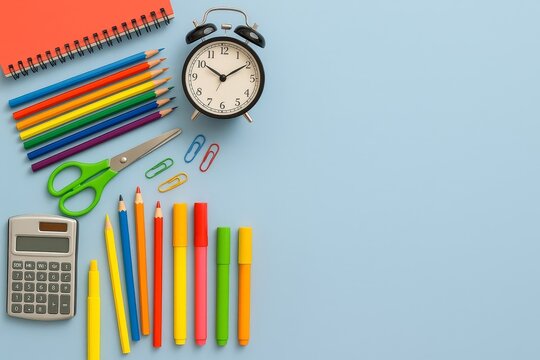 Flat Lay of Colorful School Supplies on Blue Background with Copy Space