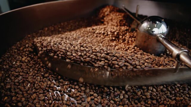 Large quantity of roasted coffee beans moving under stirring arm in drum roaster.