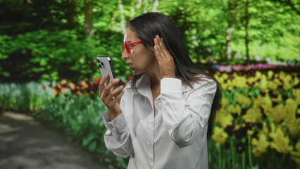 Fototapeta premium Woman holding smartphone near face and cupping ear on a forest path lined with green tulips and trees; concern.