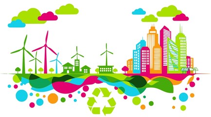 Naklejka premium Go green colorful city. Industry sustainable development with environmental conservation background illustration. Vector. JPEG version.