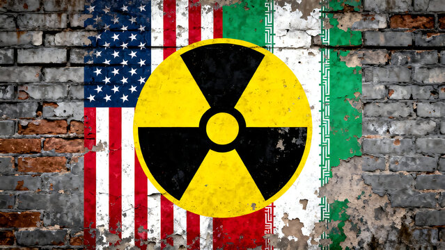 Nuclear radiation symbol on brick wall with USA and Iran flags, geopolitical nuclear deal concept, atomic energy tension and diplomacy isolated on White Background