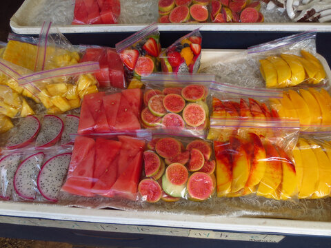 Tropical Fresh Fruit For Sale in Plastic Bags (Pitaya Dragon Fruit, Watermelon, Pink Guava, Mango, Strawberries, Pineapple, Coconut and More)