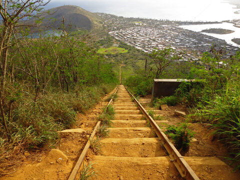 Koko Head Trail Stairs from Above in Oahu, Hawaii