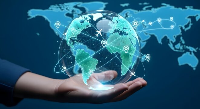 Hand holding glowing earth with connections and travel routes on blue background, symbolizing global network and international travel