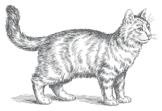 Walking tabby cat side view vintage engraving illustration. Domestic cat hand drawn vintage sketch