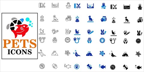 pets icon set. fish, dog, cat, hamster, rabbit, turtle, pet care and more. simple complete vector © Nila