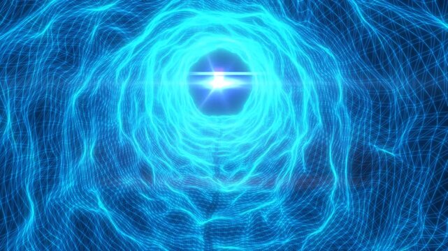 Bright blue sci-fi portal vortex inside a digital wireframe grid with glowing energy ring and cinematic lens flare