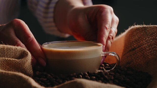 Slow motion hands placing glass cup of cappuccino on burlap sack with coffee beans.