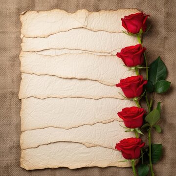 Red roses on vintage torn parchment paper and burlap background