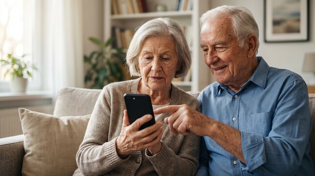 Cheerful elderly couple looking at mobile phone screen while relaxing on couch